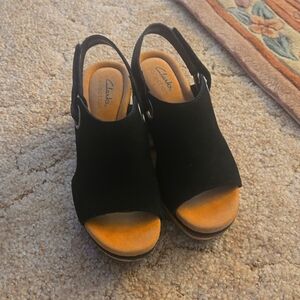 Clark's heeled sandals, suede, black, cork heels,